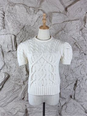 Ralph Lauren Blue Label Cotton Cable-Knit Puff Sleeve Sweater White | L